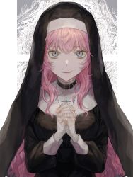 Rule 34 | 1girl, @ @, abstract background, bad id, bad twitter id, bandaged hand, bandages, black choker, blue eyes, choker, commission, cross, english text, fingernails, highres, holding, holding cross, jewelry, kotobuki nashiko, long hair, looking at viewer, necklace, nun, original, own hands together, parted lips, pink-haired nun (404notfound), pink hair, praying, skeb commission, smile, solo, traditional nun