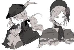 1boy 1girl ascot black_ascot black_bonnet black_bow black_coat black_hat bloodborne bonnet bow closed_mouth coat collared_coat collared_shirt cropped_torso dot_nose expressionless eyelashes flower fringe_trim grey_ascot grey_eyes grey_hair grey_robe grey_shawl grey_shirt grey_vest hair_bow hair_bun hair_flower hair_ornament hat hat_feather high_collar highres hunter_(bloodborne) light_frown long_hair looking_ahead maodebohe open_clothes open_coat parted_lips plain_doll ponytail robe shawl shirt short_hair simple_background single_hair_bun sketch updo vest wavy_hair white_background