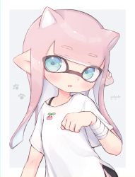 Rule 34 | 1girl, animal ears, artist name, bandaged arm, bandages, bandaid on ear, blue eyes, blunt bangs, bra strap, cat ears, cherry print, commentary, earrings, food print, grey background, head tilt, highres, inkling, inkling girl, inkling player character, jewelry, light smile, long hair, looking at viewer, nintendo, open mouth, outside border, paw pose, paw print, piercing, pink hair, pioxpioo, pointy ears, shirt, short sleeves, signature, single earring, solo, splatoon (series), stud earrings, symbol-only commentary, t-shirt, tentacle hair, upper body, white shirt