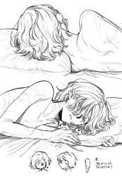Rule 34 | 1boy, back, bags under eyes, closed eyes, dungeon meshi, elf, highres, lying, male focus, mithrun, monochrome, multiple scars, notched ear, ochitsukutsuku, on bed, on side, pillow, pointy ears, scar, short hair, sleeping, solo, topless male, wavy hair, white background