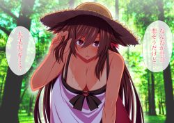 Rule 34 | 1girl, animal ears, areola slip, bare shoulders, blush, breasts, brooch, brown hair, cleavage, collarbone, downblouse, dress, forest, hand in own hair, hat, imaizumi kagerou, jewelry, large breasts, long hair, looking at viewer, mamedenchi, nature, no bra, open mouth, red eyes, solo, speech bubble, sweat, tan, tanline, touhou, translation request, wolf ears