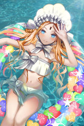 Rule 34 | 1girl, abigail williams (fate), abigail williams (swimsuit), abigail williams (swimsuit foreigner) (fate), abigail williams (swimsuit foreigner) (third ascension) (fate), bare shoulders, bikini, blonde hair, blue eyes, blush, bonnet, bow, braid, braided hair rings, breasts, closed mouth, fate/grand order, fate (series), forehead, hair bow, hair rings, innertube, irlhui, keyhole, long hair, looking at viewer, miniskirt, navel, parted bangs, sidelocks, sitting, skirt, small breasts, smile, solo, swim ring, swimsuit, thighs, twin braids, twintails, water, white bikini, white bow, white headwear