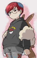 Rule 34 | 1girl, backpack, bag, black hair, black sweater, blue hair, brown bag, character backpack, commentary request, creatures (company), eevee, emapippi, game freak, gen 1 pokemon, glasses, grey leggings, grey shorts, highres, leggings, leggings under shorts, multicolored hair, nintendo, penny (pokemon), pleated skirt, poke ball print, pokemon, pokemon sv, print sweater, red background, red hair, round eyewear, see-through, see-through skirt, short hair, shorts, skirt, solo, standing, sweater, two-tone background, two-tone hair, white background