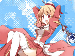 Rule 34 | 1girl, :d, arms up, blonde hair, blush, breasts, copyright request, cross, hat, high priest (ragnarok online), juliet sleeves, long hair, long sleeves, open mouth, priest (ragnarok online), puffy sleeves, ragnarok online, red eyes, smile, solo, staff, suzushiro kurumi, thighhighs, white thighhighs