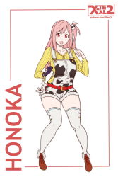 Rule 34 | 1girl, alternate costume, animal print, artist name, belt, breasts, character name, cow print, dead or alive, dead or alive 5, female focus, flat color, full body, gloves, hair ornament, honoka (doa), large breasts, long hair, looking at viewer, open mouth, overalls, pink hair, side ponytail, single glove, solo, stuffed animal, stuffed toy, thighhighs, watermark, web address, white background, x-t3al