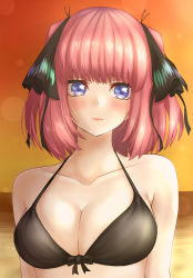 Rule 34 | 1girl, bare shoulders, beach, bikini, black bikini, black bow, black ribbon, blue eyes, blunt bangs, blush, bow, breasts, butterfly hair ornament, cleavage, closed mouth, collarbone, commentary request, go-toubun no hanayome, hair ornament, hair ribbon, halterneck, highres, large breasts, looking at viewer, nakano nino, otogi p, pink hair, ribbon, shore, short hair, sky, solo, sunset, swimsuit, two side up, water