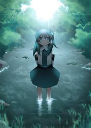 Rule 34 | 1girl, detached sleeves, female focus, frog, full body, green hair, japanese clothes, kochiya sanae, long hair, miko, outdoors, partially submerged, plant, r (pixiv), ren (733), ribbon, sky, solo, standing, touhou, tree, water