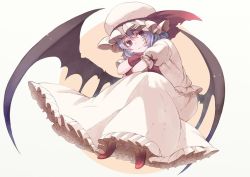 Rule 34 | 1girl, bad id, bad twitter id, bat wings, closed mouth, crossed arms, frilled skirt, frills, full body, fuurin (omaemona), hat, hat ribbon, head tilt, long skirt, looking at viewer, low wings, mob cap, puffy sleeves, purple hair, red eyes, red footwear, remilia scarlet, ribbon, shoes, short sleeves, sitting, skirt, smile, solo, touhou, wings, wrist cuffs