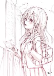 Rule 34 | 1girl, blush, commentary request, copyright request, glasses, holding, holding paper, long hair, mokufuu, monochrome, open mouth, paper, pleated skirt, school uniform, skirt, solo