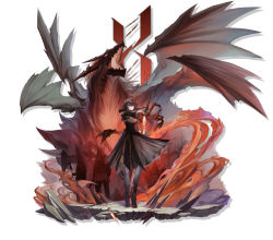 Rule 34 | 1girl, 2others, absurdres, arknights, black dress, commentary request, dragon, dragon girl, dragon horns, dragon tail, dragon wings, dress, fire, highres, horns, huge filesize, long sleeves, long sword, multiple others, originium arts (arknights), reunion logo (arknights), reunion soldier (arknights), sharp teeth, sword, tail, talulah (arknights), teeth, weapon, white background, wings, ya lei wusheng