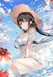 Rule 34 | 1girl, bare shoulders, black hair, blurry, blush, breasts, brown eyes, closed mouth, cloud, cloudy sky, day, depth of field, dress, hat, inuinushell, knees together feet apart, long hair, medium breasts, naru (ul), original, outdoors, petals, sitting, sky, soaking feet, solo, straw hat, sundress
