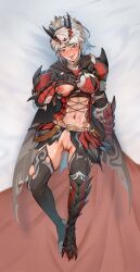 Rule 34 | 1girl, absurdres, armor, bed sheet, black thighhighs, blue eyes, blush, breasts, byefrog, cape, circlet, cleft of venus, commission, corset, fangs, gauntlets, gluteal fold, heart, heart-shaped pupils, highres, large breasts, leg armor, long hair, lying, midriff, monster hunter (series), navel, nipples, on back, original, pussy, rathalos (armor), scar, scar on face, scar on nose, shirt, shoulder armor, smile, solo, sweat, symbol-shaped pupils, teeth, thighhighs, tongue, tongue out, torn clothes, torn shirt, white hair