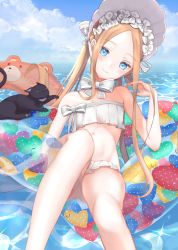 Rule 34 | 0rionis, 1girl, abigail williams (fate), abigail williams (swimsuit foreigner) (fate), abigail williams (swimsuit foreigner) (third ascension) (fate), absurdres, bare shoulders, bikini, black cat, blonde hair, blue eyes, blush, bonnet, bow, braid, breasts, cat, closed mouth, fate/grand order, fate (series), forehead, hair bow, highres, innertube, knee up, legs, long hair, looking at viewer, miniskirt, navel, ocean, parted bangs, sidelocks, sitting, skirt, small breasts, smile, swim ring, swimsuit, twintails, very long hair, white bikini, white bow, white headwear