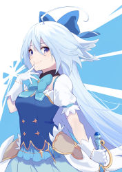 Rule 34 | 1girl, blue eyes, blush, breasts, hair ornament, highres, large breasts, long hair, looking at viewer, magical girl, princess connect!, shimon (31426784), simple background, smile, solo, tomo (magical girl) (princess connect!), tomo (princess connect!), white hair