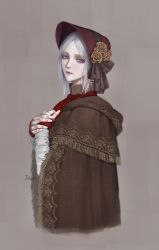 Rule 34 | 1girl, artist name, ascot, bloodborne, bonnet, brown background, cloak, closed mouth, cropped torso, doll joints, flower, from side, hands up, hat, jdori, joints, looking at viewer, looking to the side, own hands together, parted bangs, plain doll, rose, short hair, solo