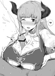 Rule 34 | 10s, 1boy, 1girl, alicia (granblue fantasy), blush, breasts, censored, cleavage, cum, draph, dress, earrings, ejaculation, erection, gloves, granblue fantasy, hetero, highres, horns, jewelry, large breasts, long hair, mature female, monochrome, namanie, open mouth, paizuri, penis, pointy ears, pubic hair, red eyes, silver hair, simple background, smile, white background, white gloves