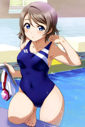 Rule 34 | 1girl, barefoot, blue eyes, clothes pull, competition swimsuit, highres, love live!, love live! sunshine!!, navel visible through clothes, one-piece swimsuit, one-piece swimsuit pull, pool, solo, swimsuit, watanabe you