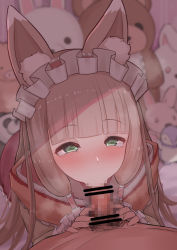 Rule 34 | 1girl, :&gt;=, animal ear fluff, animal ears, bar censor, blush, brown hair, censored, clothed female nude male, dress, eutopia1234, fellatio, fox ears, fox girl, from above, green eyes, hairband, half-closed eyes, hetero, highres, lolita fashion, long hair, looking at viewer, maho (princess connect!), male pubic hair, mosaic censoring, nude, oral, penis, pink dress, pov, princess connect!, pubic hair, solo focus, stuffed animal, stuffed toy