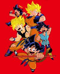 Rule 34 | 5boys, :d, ^ ^, age progression, annoyed, arm up, bitz777, black eyes, black hair, blonde hair, blue eyes, boots, clenched hand, clenched hands, closed eyes, dirty, dirty clothes, dougi, dragon ball, dragon ball (classic), dragonball z, closed eyes, fingernails, full body, halo, hand on own hip, happy, jumping, looking away, looking back, male focus, multiple boys, multiple persona, ruyi jingu bang, open mouth, profile, red background, running, shaded face, short hair, simple background, smile, son goku, spiked hair, standing, super saiyan, super saiyan 1, sweatdrop, tail, teeth, torn clothes, wristband