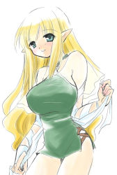 Rule 34 | 00s, artist request, breasts, elf, halterneck, huge breasts, pointy ears, simple background, solo, thighs, tiffania westwood, white background, zero no tsukaima