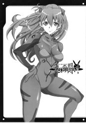 Rule 34 | 1girl, absurdres, breasts, chiro (youkai tamanokoshi), cosplay, floating hair, greyscale, hand on own hip, highres, long hair, looking at viewer, medium breasts, monochrome, neon genesis evangelion, plugsuit, shiny clothes, smile, solo, souryuu asuka langley, souryuu asuka langley (cosplay), standing, twintails