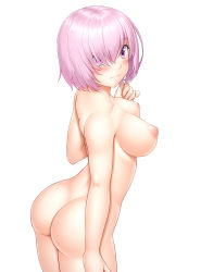 Rule 34 | 1girl, ass, blush, breasts, closed mouth, fate/grand order, fate (series), hair over one eye, looking at viewer, looking to the side, mash kyrielight, medium breasts, nipples, nude, pink eyes, pink hair, short hair, simple background, sin-go, solo, standing, white background