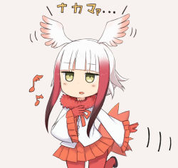 Rule 34 | 10s, 1girl, beige background, black footwear, blunt bangs, blush, chibi, frilled sleeves, frills, gloves, green eyes, hand on own chest, head wings, japanese crested ibis (kemono friends), jitome, kemono friends, leg up, long sleeves, multicolored hair, musical note, nonono (mino), open mouth, pantyhose, quaver, red gloves, red hair, red pantyhose, shoes, short hair with long locks, sidelocks, simple background, solo, two-tone hair, white hair, wide sleeves, wings