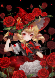 Rule 34 | 1girl, black gloves, blonde hair, bow, corset, flower, genshin impact, gloves, hair bow, hand on own chest, hat, hat flower, highres, kim eul bong, klee (blossoming starlight) (genshin impact), klee (genshin impact), light smile, looking at viewer, official alternate costume, parted lips, pointy ears, puffy short sleeves, puffy sleeves, red bow, red corset, red eyes, red flower, red hat, red rose, red skirt, rose, shirt, short sleeves, skirt, solo, white shirt, witch hat