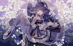 Rule 34 | 1girl, absurdres, black footwear, bow, breasts, dress, floral print, flower, highres, ikurumi umika, juliet sleeves, lace, lace-trimmed dress, lace-trimmed sleeves, lace trim, long hair, long sleeves, maid headdress, open mouth, original, pantyhose, puffy sleeves, purple bow, purple dress, purple eyes, purple hair, purple theme, small breasts, smile, solo, usagi nui, white flower, white pantyhose