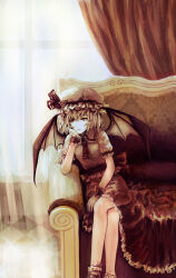 Rule 34 | 1girl, ascot, back bow, bat wings, bored, bow, brooch, chair, couch, crossed legs, curtains, dress, feet out of frame, frilled shirt collar, frilled sleeves, frills, hair between eyes, hand on own cheek, hand on own face, hat, hat ribbon, head rest, heiyuen, highres, indoors, jewelry, medium hair, mob cap, on couch, puffy short sleeves, puffy sleeves, remilia scarlet, ribbon, short sleeves, sitting, skirt, sleeve ribbon, solo, touhou, wings, wrist cuffs