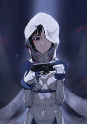 Rule 34 | 1girl, absurdres, bad id, bad pixiv id, black hair, blue eyes, bodysuit, breasts, breasts apart, covered navel, gun, handgun, highres, holding, holding gun, holding weapon, hood, hood up, looking at viewer, mardock scramble, parted lips, rune balot, short hair, small breasts, solo, standing, tooku0, weapon, white bodysuit