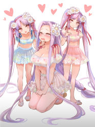 Rule 34 | 3girls, absurdly long hair, alternate costume, bare shoulders, blush, braid, breasts, cleavage, crying, euryale (fate), fate/stay night, fate (series), flower, glasses, gradient background, hair flower, hair ornament, hair ribbon, heart, kneeling, large breasts, long hair, medusa (fate), medusa (rider) (fate), midriff, multiple girls, navel, open mouth, panties, pink eyes, purple hair, ribbon, sandals, see-through, siblings, sisters, skirt, small breasts, smile, standing, stheno (fate), tears, twins, twintails, underwear, very long hair, yakan (kusogaki teikoku)