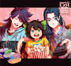 Rule 34 | 3boys, animal ears, black hair, blue eyes, blue hair, cat boy, cat ears, closed eyes, controller, cup, drawstring, fengxi (the legend of luoxiaohei), food, green eyes, grey sweater, highres, holding, holding cup, hood, hood down, hoodie, looking at viewer, luo xiaohei, luo xiaohei (human), luo xiaohei zhanji, micho, multiple boys, pointy ears, popcorn, purple hair, purple shirt, remote control, shadow, shirt, sweater, wuxian (the legend of luoxiaohei), yellow shirt