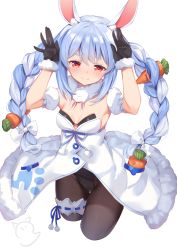 Rule 34 | 1girl, animal ear fluff, animal ears, armpits, arms up, black gloves, black pantyhose, blue hair, bow, braid, breasts, brown pantyhose, carrot hair ornament, commentary, detached sleeves, don-chan (usada pekora), dress, food-themed hair ornament, full body, fur-trimmed dress, fur-trimmed gloves, fur trim, gloves, hair between eyes, hair bow, hair ornament, highres, hololive, leotard, multicolored hair, nahaki, pantyhose, puffy short sleeves, puffy sleeves, rabbit ears, red eyes, short eyebrows, short sleeves, simple background, small breasts, solo, strapless, strapless dress, strapless leotard, thick eyebrows, twin braids, twintails, two-tone hair, usada pekora, usada pekora (1st costume), virtual youtuber, white background, white bow, white dress, white hair, white sleeves