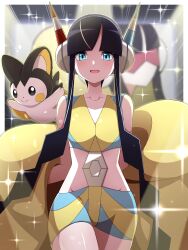 Rule 34 | 1girl, absurdres, bike shorts, black hair, blue eyes, blunt bangs, blurry, blurry background, border, coat, commentary request, creatures (company), crop top, diffraction spikes, elesa (pokemon), emolga, flying, fur coat, game freak, gen 5 pokemon, headphones, highres, jacket, light blush, long hair, looking at viewer, multicolored hair, nintendo, open clothes, open coat, open mouth, outside border, pokemon, pokemon (creature), pokemon bw2, shabana may, short hair, short hair with long locks, shorts, smile, streaked hair, white border, white hair, yellow coat