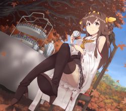 Rule 34 | 10s, 1girl, ahoge, autumn, autumn leaves, bare shoulders, black skirt, blue sky, boots, breasts, brown eyes, brown hair, chair, coffee pot, crossed legs, cup, cupcake, day, detached sleeves, dutch angle, food, from below, full body, hair ornament, hairband, headgear, high heel boots, high heels, highres, holding, holding cup, kantai collection, kongou (kancolle), leaf, long hair, long sleeves, looking at viewer, medium breasts, miniskirt, mku, nontraditional miko, outdoors, panties, panty peek, ribbon-trimmed sleeves, ribbon trim, saucer, shoe soles, sitting, skirt, sky, smile, solo, sweets, table, tablecloth, tea set, teacup, thigh boots, thighhighs, tiered tray, tree, underwear, wide sleeves