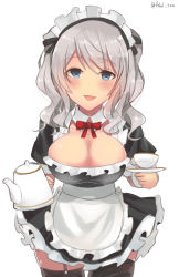 Rule 34 | 10s, 1girl, alternate costume, alternate headwear, apron, bad id, bad nicoseiga id, blue eyes, blush, breasts, cup, detached collar, enmaided, frills, fujiyama ichiha, garter straps, highres, kantai collection, kashima (kancolle), large breasts, looking at viewer, maid, maid apron, maid headdress, md5 mismatch, open mouth, puffy short sleeves, puffy sleeves, resized, resolution mismatch, short sleeves, silver hair, simple background, skirt, solo, teacup, teapot, thighhighs, tsurime, twintails, twitter username, uniform, wavy hair, white background