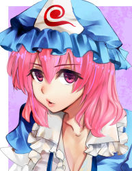 Rule 34 | 1girl, arm garter, blue hat, blue kimono, breasts, cleavage, collarbone, commentary request, gradient background, hair between eyes, hat, japanese clothes, kimono, lips, looking at viewer, mob cap, nagare, parted lips, pink eyes, purple background, saigyouji yuyuko, short hair, solo, standing, touhou, triangular headpiece, upper body