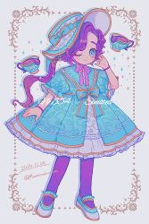 Rule 34 | 1girl, absurdres, blue eyes, bracelet, character name, closed mouth, creatures (company), cup, full body, game freak, gen 8 pokemon, highres, jewelry, lolita fashion, long hair, looking at viewer, narumame, nintendo, one eye closed, pantyhose, personification, pokemon, pokemon (creature), ponytail, purple hair, purple pantyhose, sinistea, smile, teacup