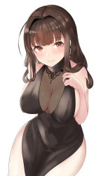 Rule 34 | 1girl, absurdres, ahoge, arm behind back, black dress, blunt bangs, blush, breasts, brown hair, cleavage, closed mouth, covered erect nipples, dress, dsr-50 (girls&#039; frontline), dsr-50 (highest bid) (girls&#039; frontline), earrings, evening gown, eyelashes, girls&#039; frontline, hako reeema, halter dress, halterneck, hand on own chest, hand up, highres, jewelry, large breasts, legs together, light smile, lips, long hair, looking at viewer, no bra, official alternate costume, pelvic curtain, raised eyebrows, red eyes, sidelocks, simple background, sitting, sleeveless, sleeveless dress, smile, solo, thighs, white background