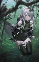 Rule 34 | 1girl, arknights, black gloves, black shirt, black sleeves, black thighhighs, blurry, boutonniere, branch, crocodilian tail, depth of field, detached sleeves, flower, gloves, goggles, goggles around neck, grey hair, highres, looking at viewer, medium hair, partially fingerless gloves, pointy ears, shirt, sitting, sleeveless, sleeveless shirt, soaking feet, solo, tail, thighhighs, tomimi (arknights), torn clothes, torn thighhighs, water, white flower, yellow eyes, zheshe jing