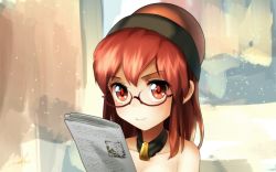 Rule 34 | 1girl, bare shoulders, bespectacled, blush, collar, collarbone, glasses, hecatia lapislazuli, jewelry, long hair, looking at viewer, medium hair, one-hour drawing challenge, reading, red eyes, red hair, semi-rimless eyewear, signature, smile, solo, touhou, upper body, welt (kinsei koutenkyoku)