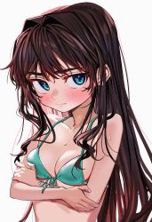 Rule 34 | 1girl, bikini, blue bikini, blue eyes, blush, breasts, brown hair, closed mouth, elisia valfelto, embarrassed, hair intakes, highres, long hair, looking at viewer, luicent, original, simple background, small breasts, solo, swimsuit, upper body, wet, wet hair, white background