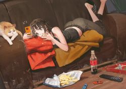 Rule 34 | 1girl, bag of chips, bare arms, bare shoulders, black hair, blanket, blunt bangs, bottle, breasts, brown pants, can, cat, cellphone, chips (food), cleavage, coke bottle, controller, couch, drink can, eating, feet up, flip-flops, food, full body, green eyes, highres, holding, holding phone, joy-con, jun (navigavi), looking at phone, medium breasts, on couch, open mouth, original, pants, phone, plant, potted plant, remote control, round teeth, sandals, short hair, smartphone, soda bottle, soda can, solo, tank top, tareme, teeth, track pants, translation request, tray, upper teeth only