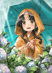 Rule 34 | 1girl, black hair, blush, brown eyes, dated, flower, holding, holding umbrella, hydrangea, kantai collection, long hair, nisshin (kancolle), open mouth, purple flower, sidelocks, signature, solo, thick eyebrows, toka (marchlizard), umbrella, water drop