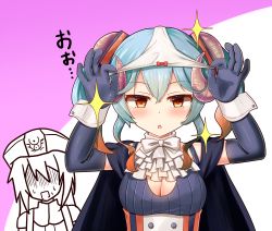 Rule 34 | 2girls, aqua hair, black gloves, blush, bow, bow panties, breasts, brown eyes, brown hair, demon horns, detached collar, elbow gloves, frills, gloom (expression), gloves, hair between eyes, hat, highres, horns, lapis (sennen sensou aigis), looking at viewer, lucia (sennen sensou aigis), medium breasts, multicolored hair, multiple girls, object on head, open mouth, panties, panties on head, partially colored, pervert, sennen sensou aigis, sparkle, square mouth, sweat, toriniku (selene1050), translation request, twintails, two-tone hair, underwear, upper body, white panties, wrist cuffs