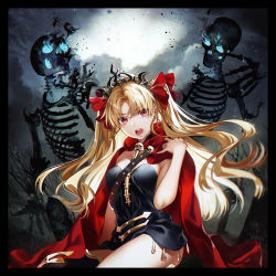 Rule 34 | 1girl, blonde hair, cape, earrings, ereshkigal (fate), fate/grand order, fate (series), gold trim, hair ribbon, jewelry, kyo zip, long hair, looking at viewer, open mouth, red cape, red eyes, red ribbon, ribbon, skeleton, skull, solo, tiara, tohsaka rin, twintails, two side up