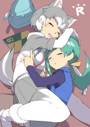 Rule 34 | 2girls, absurdres, animal ears, blue headwear, blue vest, blunt bangs, brown background, bucket hat, closed eyes, commentary request, dog (mixed breed) (kemono friends), dog ears, dog girl, fang, feet out of frame, gloves, green hair, grey hair, grey shirt, grey skirt, hat, highres, kemono friends, kemono friends r, long hair, long sleeves, lying, medium bangs, multicolored hair, multiple girls, on side, open mouth, pantyhose, parupunte (nicoseiga51964270), pleated skirt, purple shirt, shirt, short hair, short sleeves, simple background, skirt, sleeping, smile, tail, tomoe (kemono friends) (niconico88059799), two-tone hair, unworn hat, unworn headwear, vest, white gloves, white hair, white pantyhose, white shirt