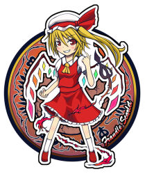 Rule 34 | 1girl, blonde hair, breasts, character name, chibi, flandre scarlet, full body, hat, hat ribbon, ina (17-ina), index finger raised, laevatein (touhou), long hair, mob cap, multicolored wings, one side up, open mouth, puffy short sleeves, puffy sleeves, red eyes, red footwear, red ribbon, red skirt, red vest, ribbon, shirt, short sleeves, simple background, skirt, skirt set, small breasts, socks, solo, teeth, touhou, v-shaped eyes, vest, white background, white hat, white shirt, white socks, wings