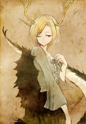 Rule 34 | 1girl, antlers, arm up, blonde hair, dragon horns, dragon tail, hisona (suaritesumi), horns, kicchou yachie, long sleeves, one eye closed, parted bangs, red eyes, ribbon, short hair, smile, solo, split mouth, standing, tail, touhou, turtle shell